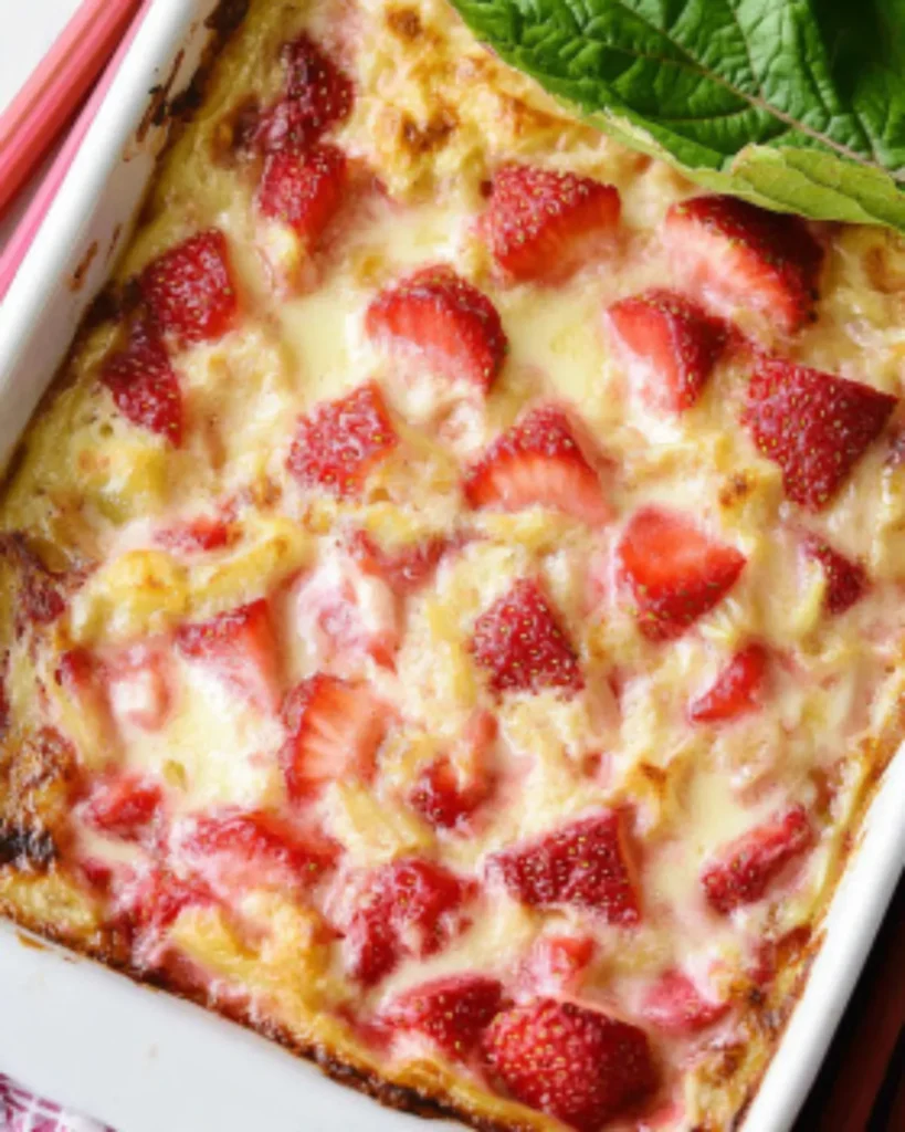 Top-down view of baked strawberry rhubarb custard dessert in white dish with fresh rhubarb stalks on the side