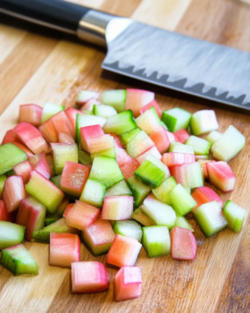 Freshly chopped rhubarb pieces on a wooden cutting board with a chef’s knife