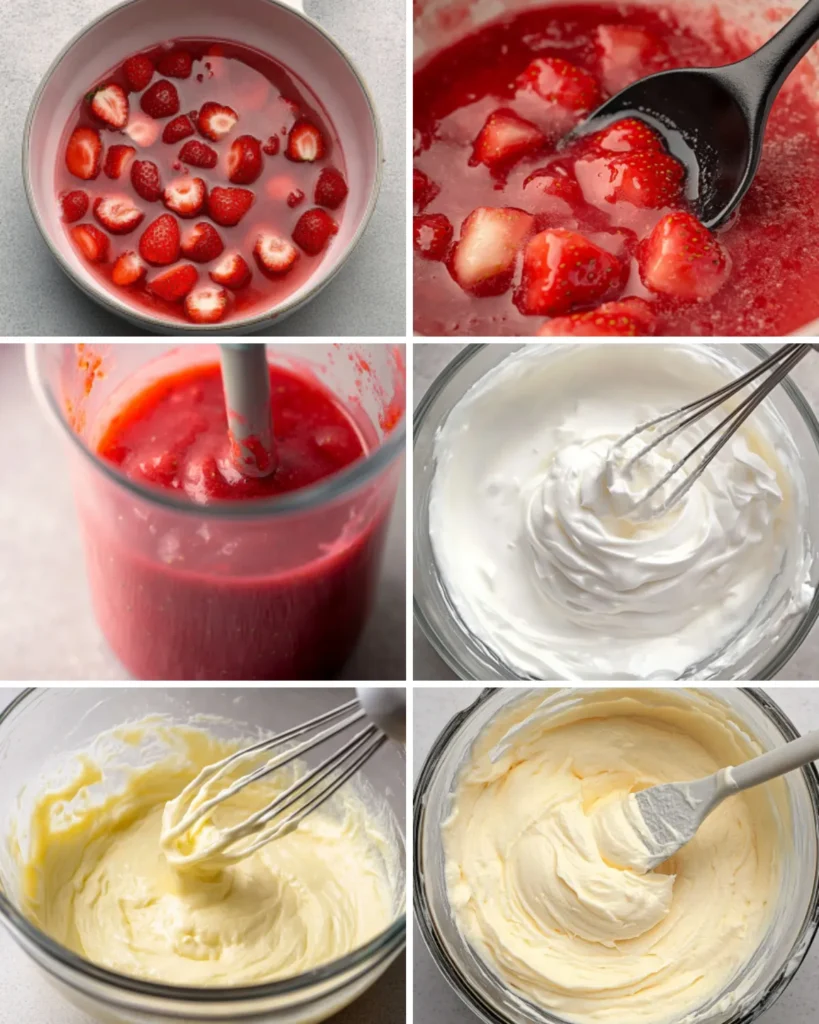 Step-by-step photos showing how to cook strawberries, blend purée, whip cream, and prepare cake batter for strawberry shortcake cake.