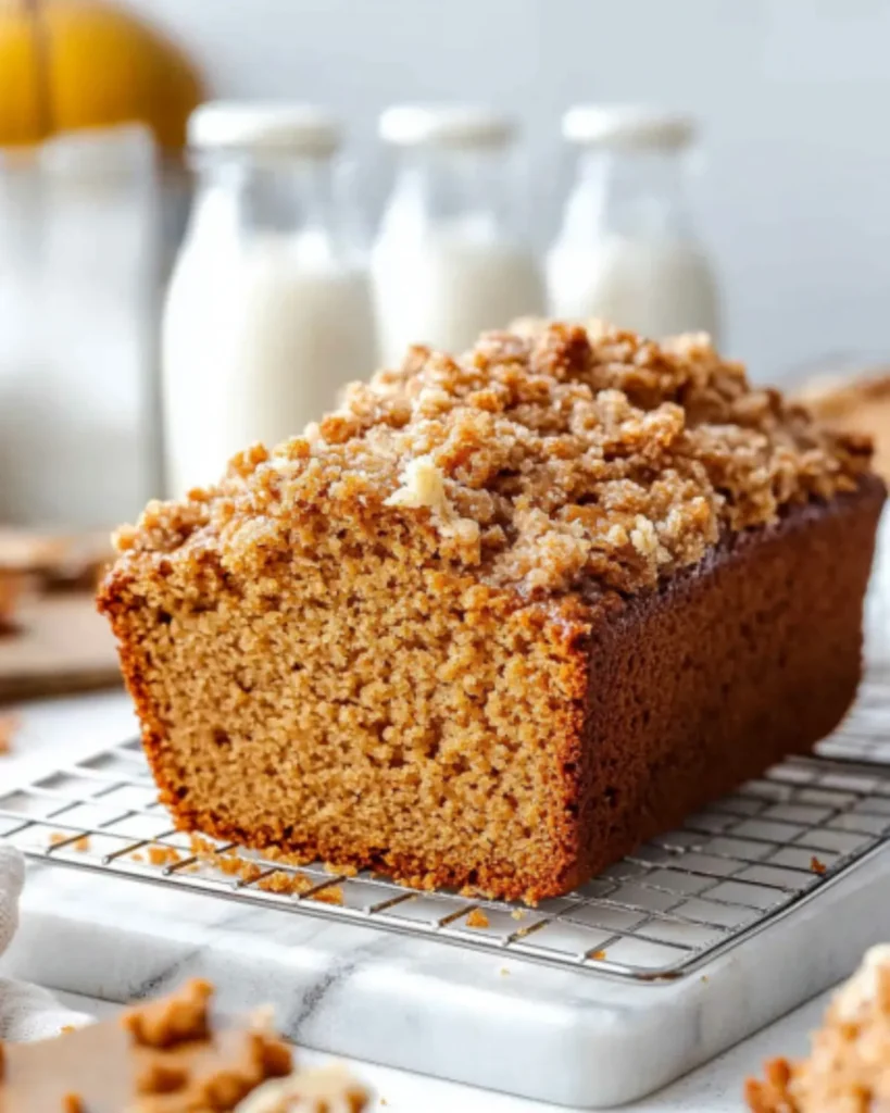 Freshly baked Pumpkin Bread With Streusel Topping on a wire rack, golden brown with a crumbly top, perfect for cozy fall mornings.