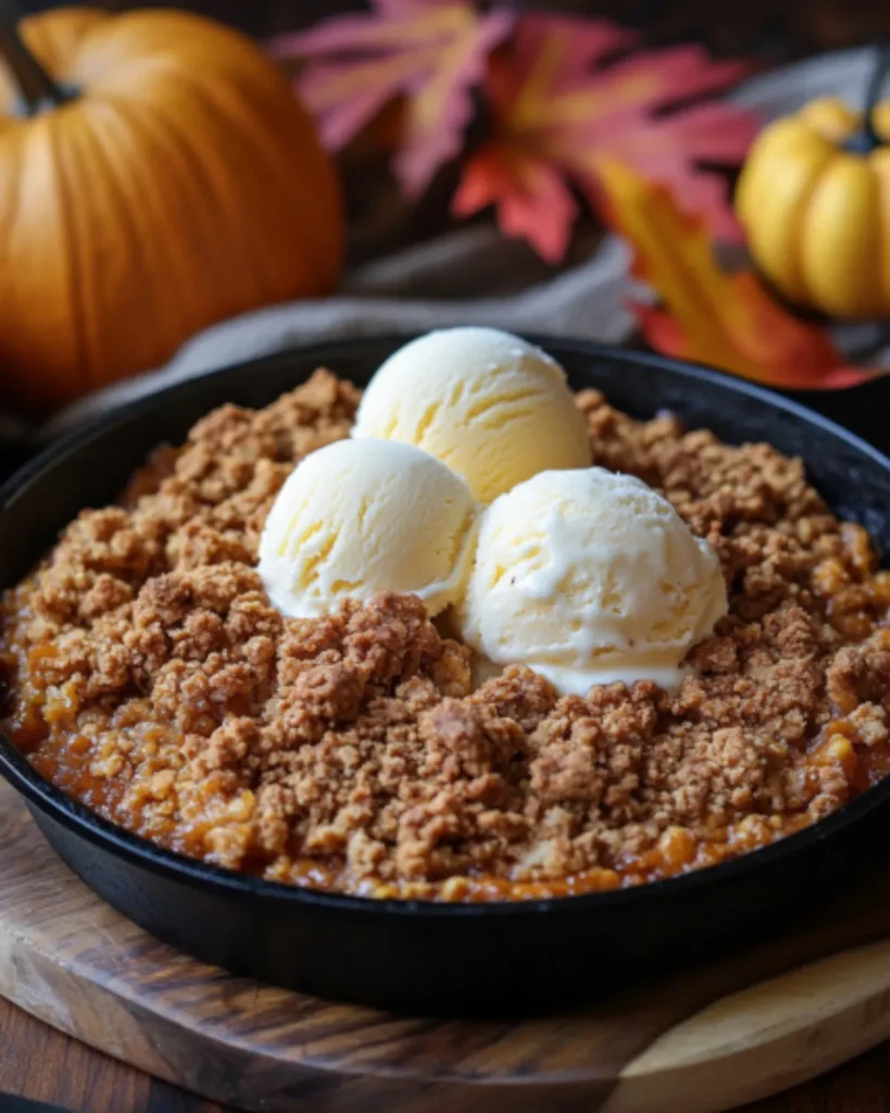 Pumpkin crisp baked in a cast iron skillet topped with three scoops of vanilla ice cream, surrounded by fall leaves and pumpkins.