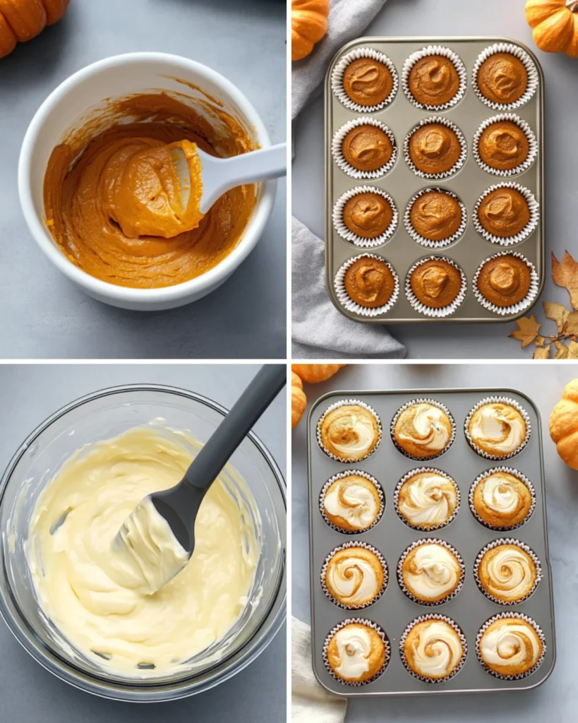 Step-by-step collage of making pumpkin cream cheese muffins, from batter to swirl