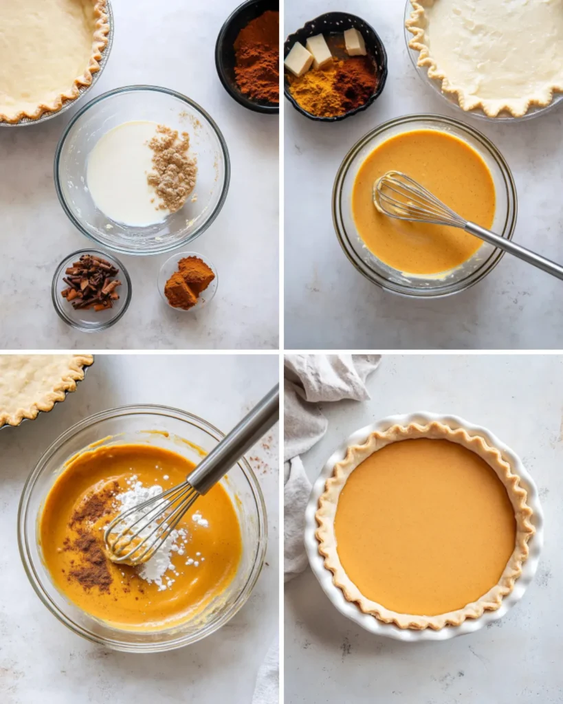 Step-by-step process of preparing pumpkin pie filling from scratch with brown sugar, spices, and cream.