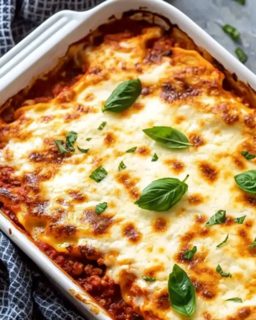 Golden bubbly homemade lasagna baked in a white ceramic dish, topped with fresh basil leaves and melted mozzarella cheese.