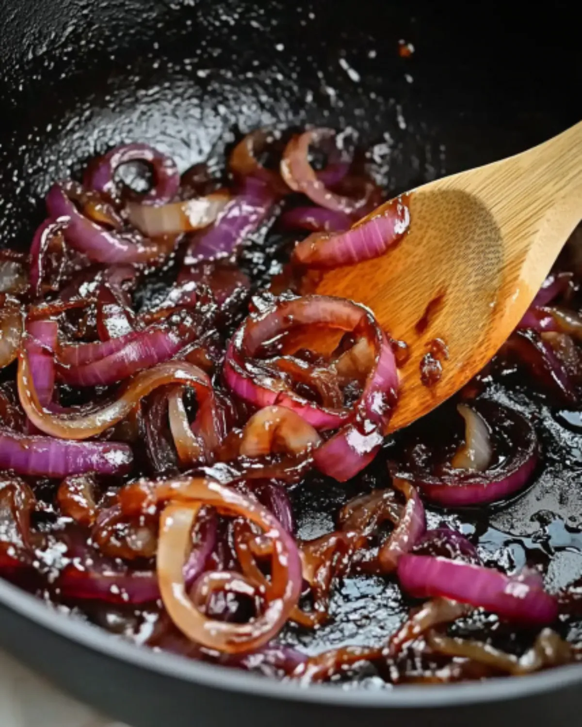 Rich and glossy Red Wine Onions cooking down in a black skillet, stirred with a wooden spoon.