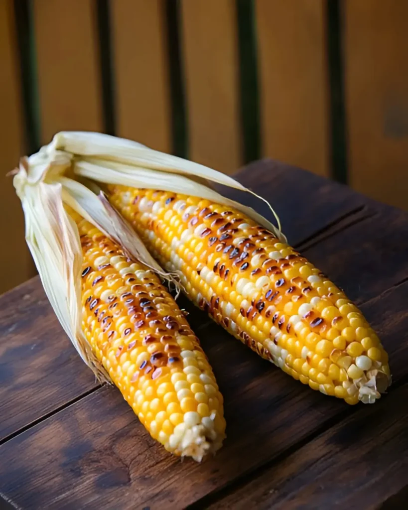 Grilled corn on the cob with char marks on a wooden table for Fourth of July barbecue