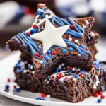 Stacked star brownies with white star sprinkles, blue drizzle, and colorful sprinkles on a white plate, festive Fourth of July dessert.