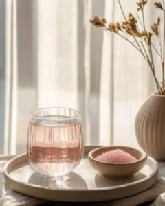 Woman sipping pink salt drink slowly from a glass on an empty stomach, relaxed setting