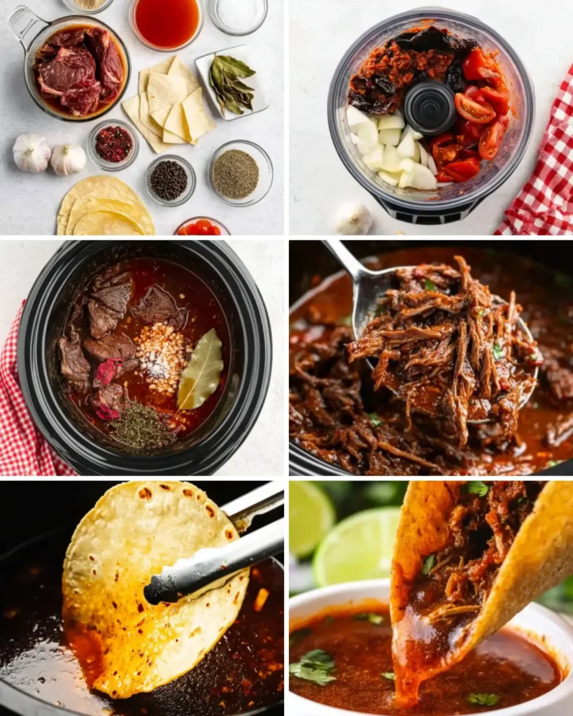Step-by-step collage showing ingredients, blending, slow cooking, shredded beef, frying tortillas, and dipping Crock Pot Birria Tacos in consommé.