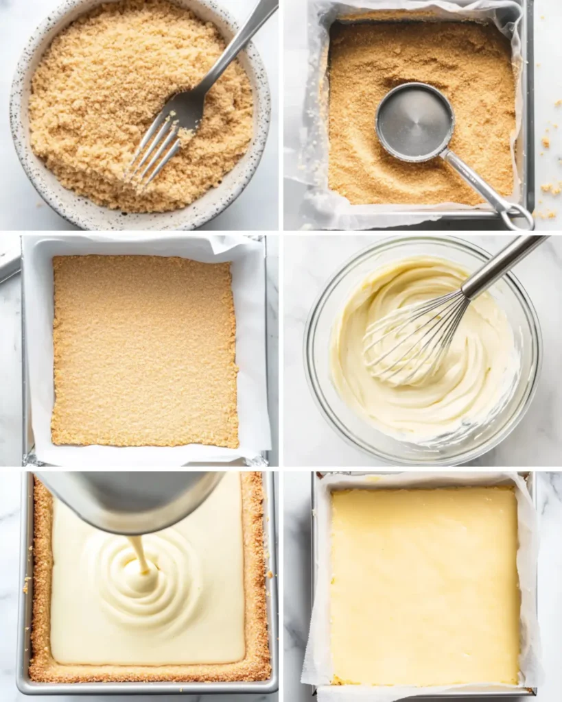 Step-by-step process for making key lime pie bars including crust preparation, mixing filling, and baking stages.