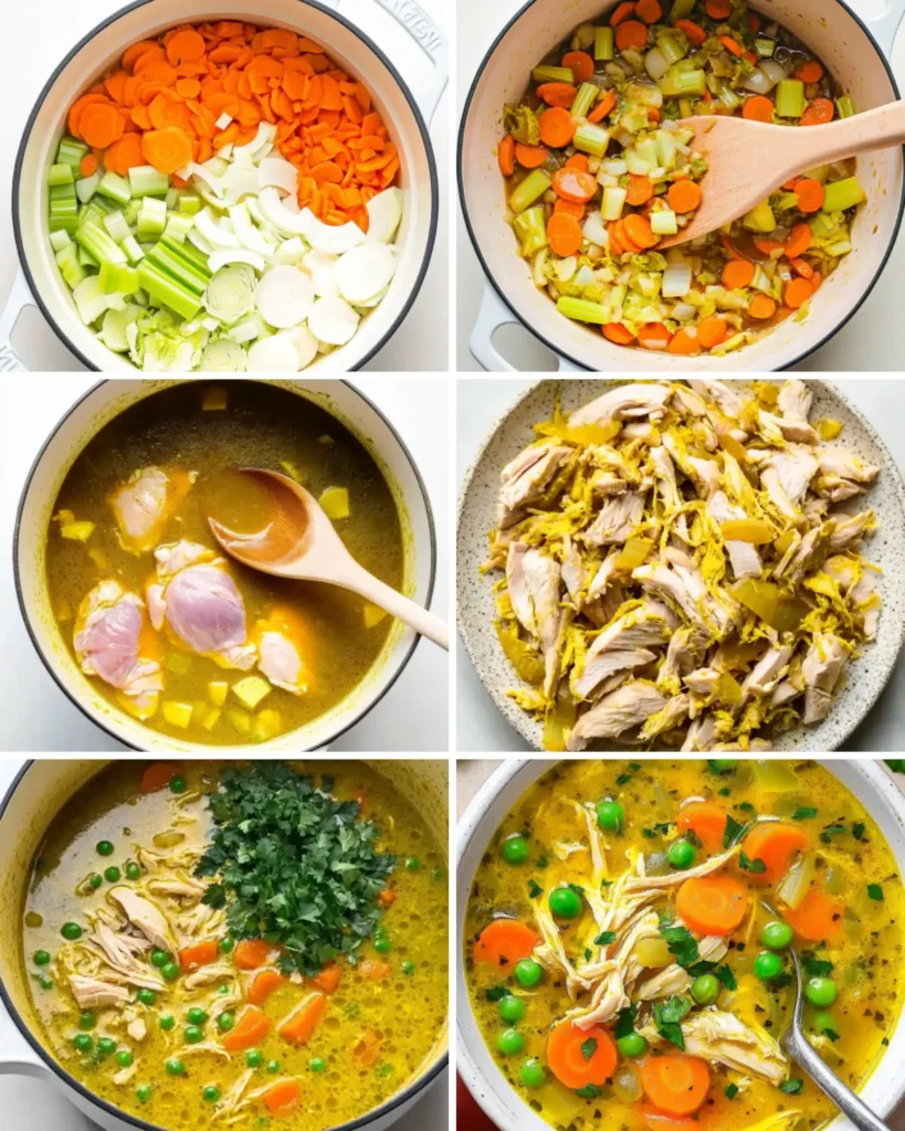 Step-by-step cooking collage showing chopped vegetables, chicken simmering in broth, shredded chicken, and final turmeric soup ready to serve.