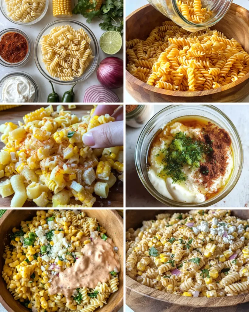 Step-by-step collage showing how to make creamy Mexican street corn pasta salad with corn, spices, dressing, and final assembly.