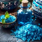 Persian blue salt crystals in a bowl with a blue bottle for blue salt trick recipe