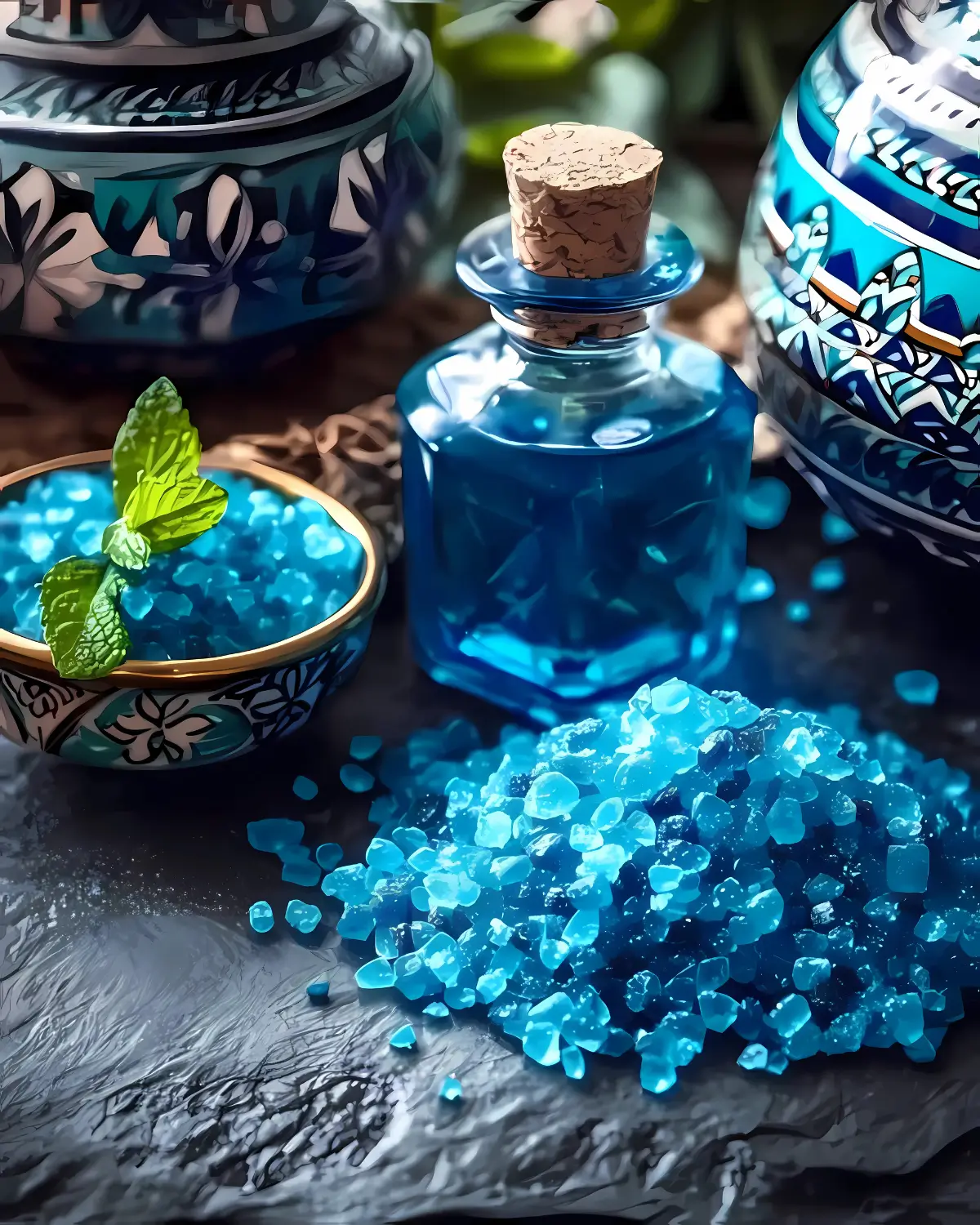 Persian blue salt crystals in a bowl with a blue bottle for blue salt trick recipe