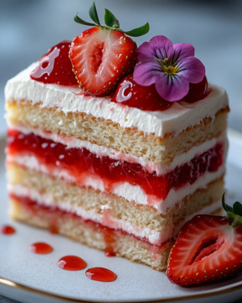 Close-up of a slice of strawberry shortcake cake with whipped cream, strawberry filling, and edible flower