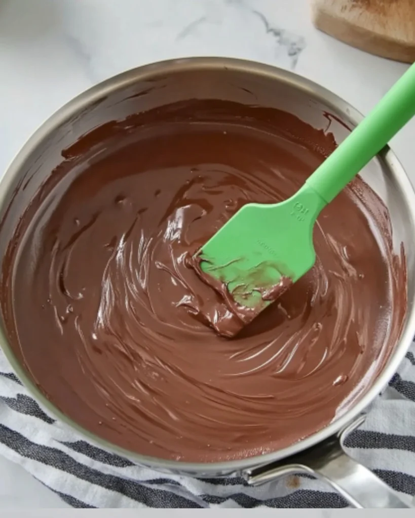 Smooth melted milk chocolate in a saucepan being stirred with a green spatula, ready for dipping strawberries