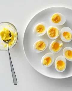 Hard-boiled eggs sliced in half with yolks scooped into glass bowl and spoon on white plate