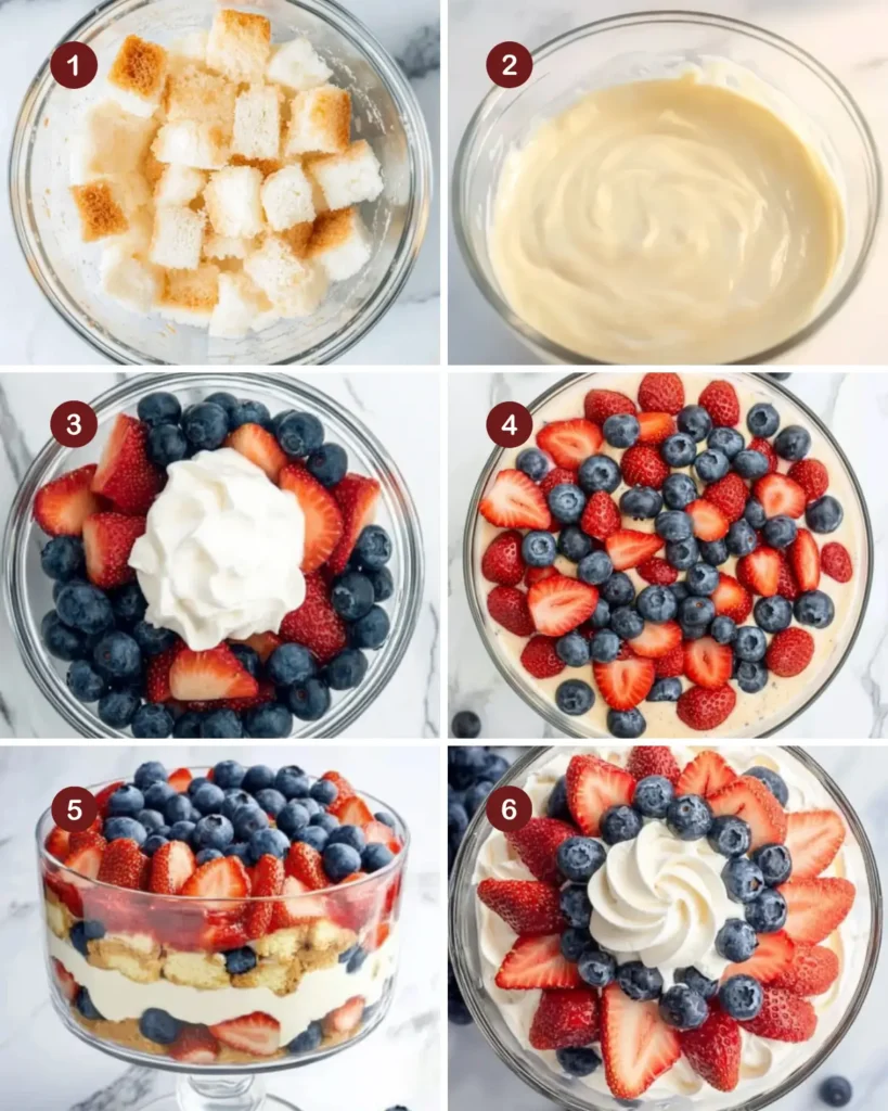 Step-by-step photos showing how to assemble a 4th of July trifle with cake cubes, pudding, strawberries, blueberries, and whipped topping in a glass trifle bowl.