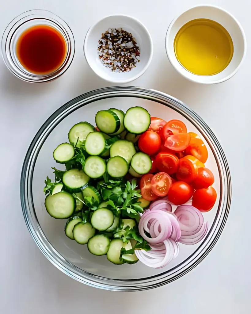 Cucumber Tomato Salad Ingredients in White Bowls on White Background