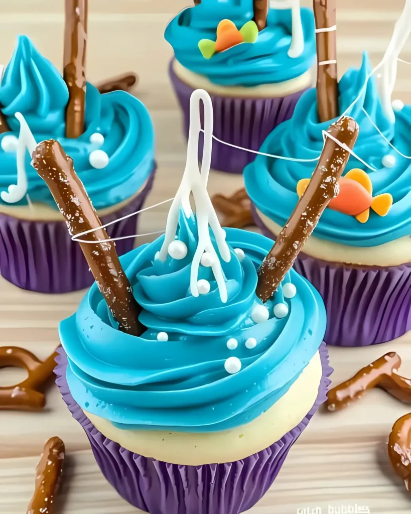 Gone Fishing Cupcake decorated with blue frosting, pretzel fishing poles, goldfish candy topper, and sprinkles on wooden background