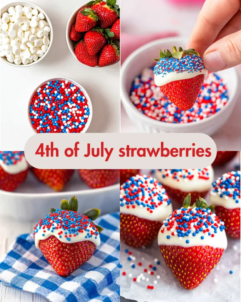 A collection of ingredients for making 4th of July strawberries: white candy melts, fresh strawberries, and red, white, and blue nonpareil sprinkles in bowls.