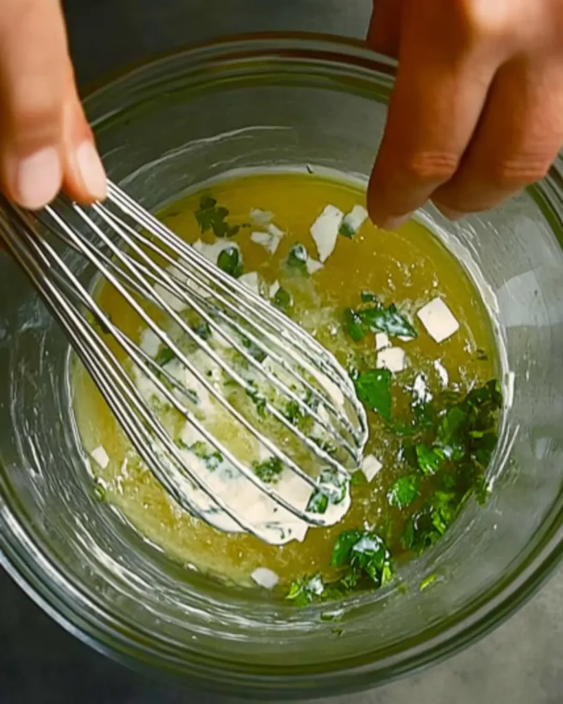 Close-up of hands whisking a mint-lime dressing with feta and fresh mint in a glass bowl, preparing the dressing for a Watermelon Salad With Cucumber And Feta.