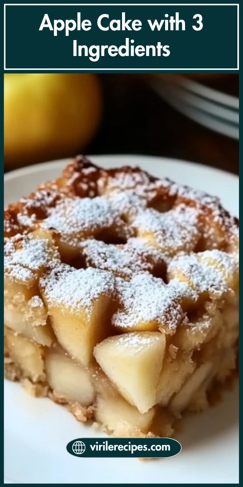 3 ingredient apple cake slice with powdered sugar on white plate, recipe by virilerecipes.
