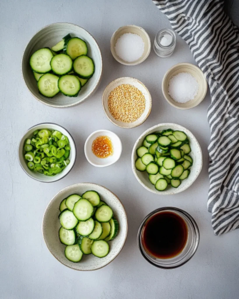 Ingredients for viral cucumber salad laid out in bowls
