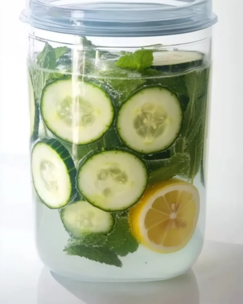 Pitcher of lemon mint and cucumber water with sliced ingredients floating inside