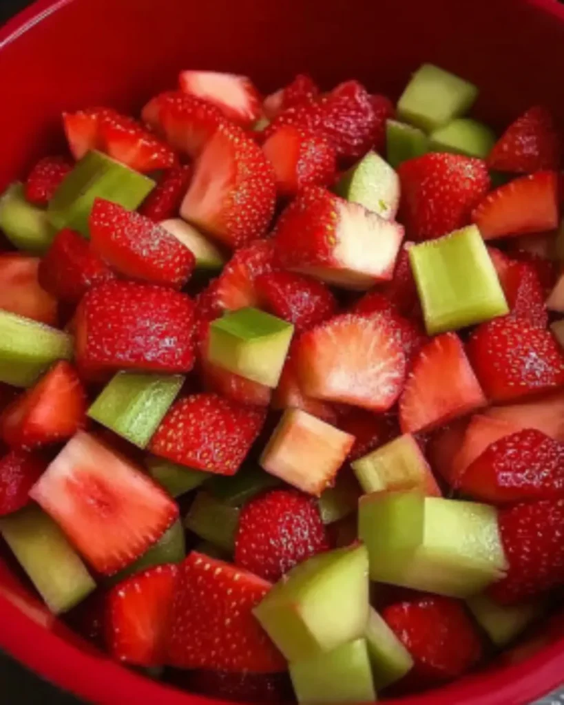 Chopped fresh strawberries and rhubarb in a red bowl ready for pie filling