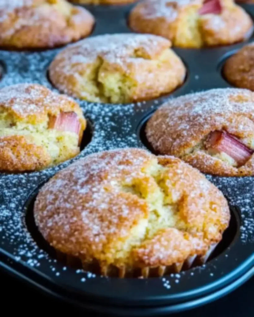 Golden brown rhubarb muffins with cinnamon sugar topping in a black muffin tin
