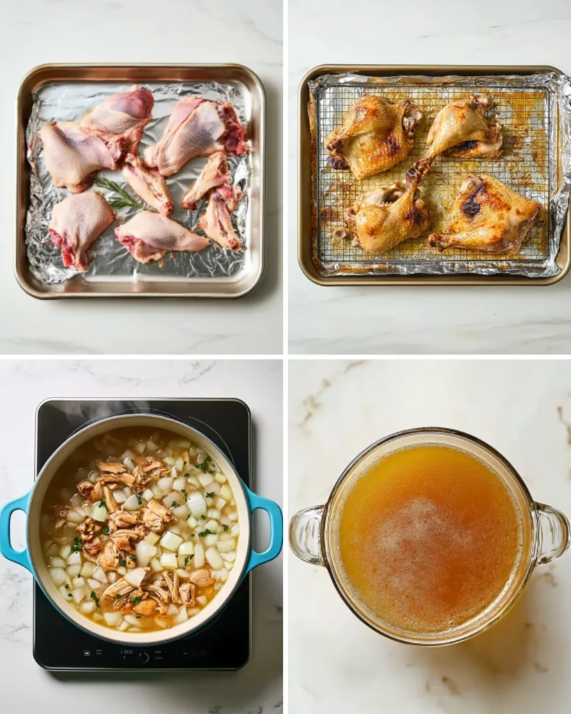 Step-by-step collage of making chicken bone broth from raw chicken to roasting, simmering, and finished broth