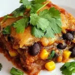 A serving of vegetarian Mexican fajita cornbread casserole topped with enchilada sauce, melted cheese, and fresh cilantro on a white plate.