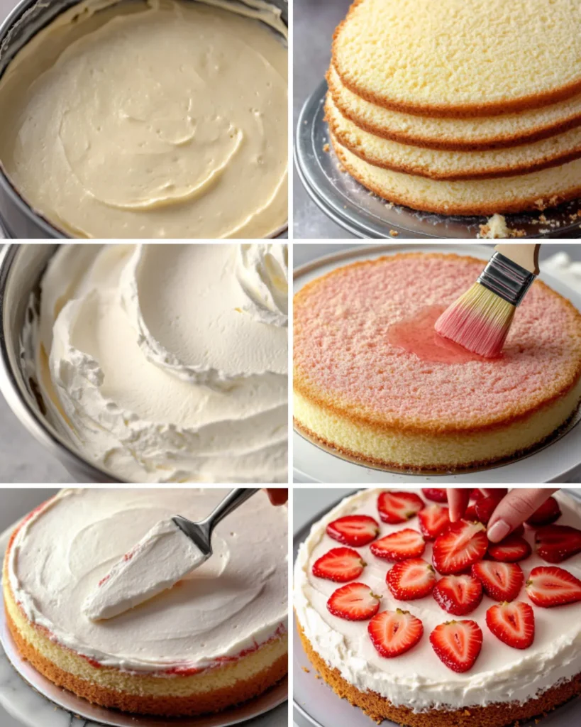 Process photos showing how to layer sponge cake with whipped cream, brush with syrup, and add sliced strawberries for strawberry shortcake cake.