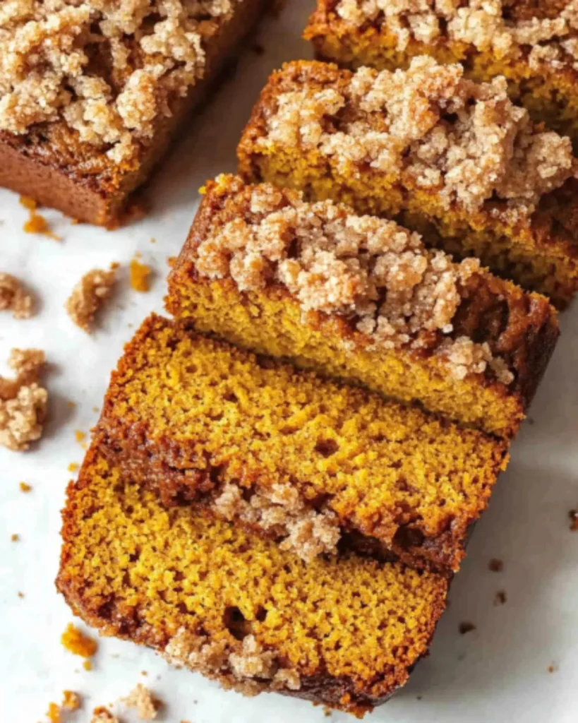 Overhead shot of sliced Pumpkin Bread With Streusel Topping, rich in color with a golden crumb, perfect for holiday baking.