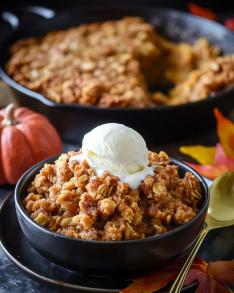 Warm pumpkin crisp with a scoop of vanilla ice cream, served in a black bowl with cinnamon streusel topping and fall-themed decor in the background.