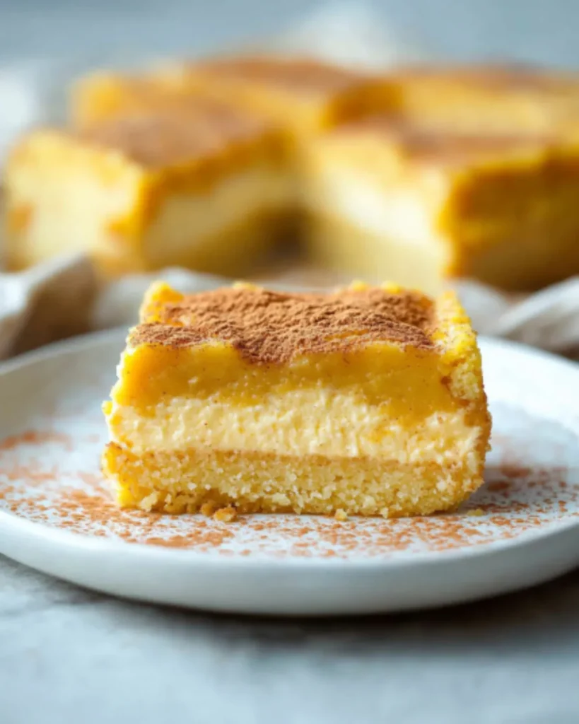 Slice of pumpkin magic custard cake with three creamy layers and a cinnamon dusting on a ceramic plate.