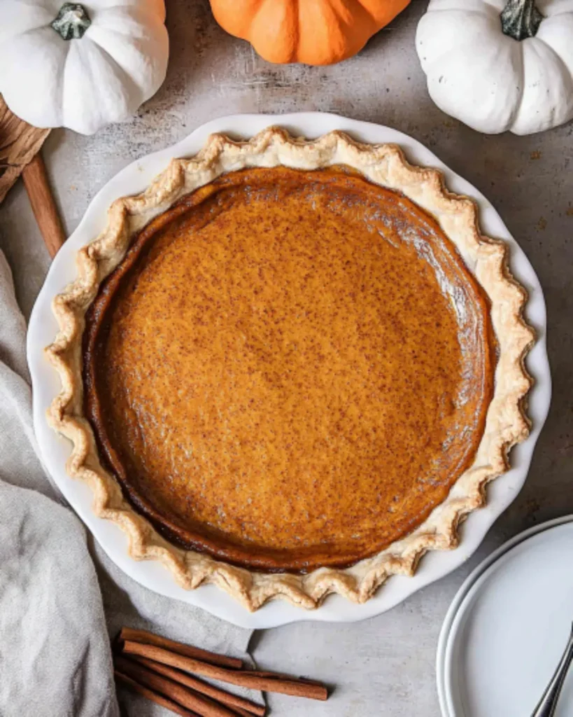Freshly baked pumpkin pie in white ceramic dish, surrounded by cinnamon sticks and decorative pumpkins.