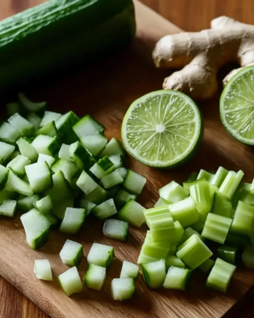 Chopped cucumber, celery, lime, and ginger on a wooden cutting board