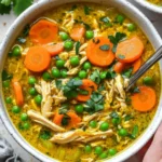Hand holding a bowl of golden turmeric chicken soup filled with peas, shredded chicken, and carrots – a clean and healthy anti-inflammatory meal.