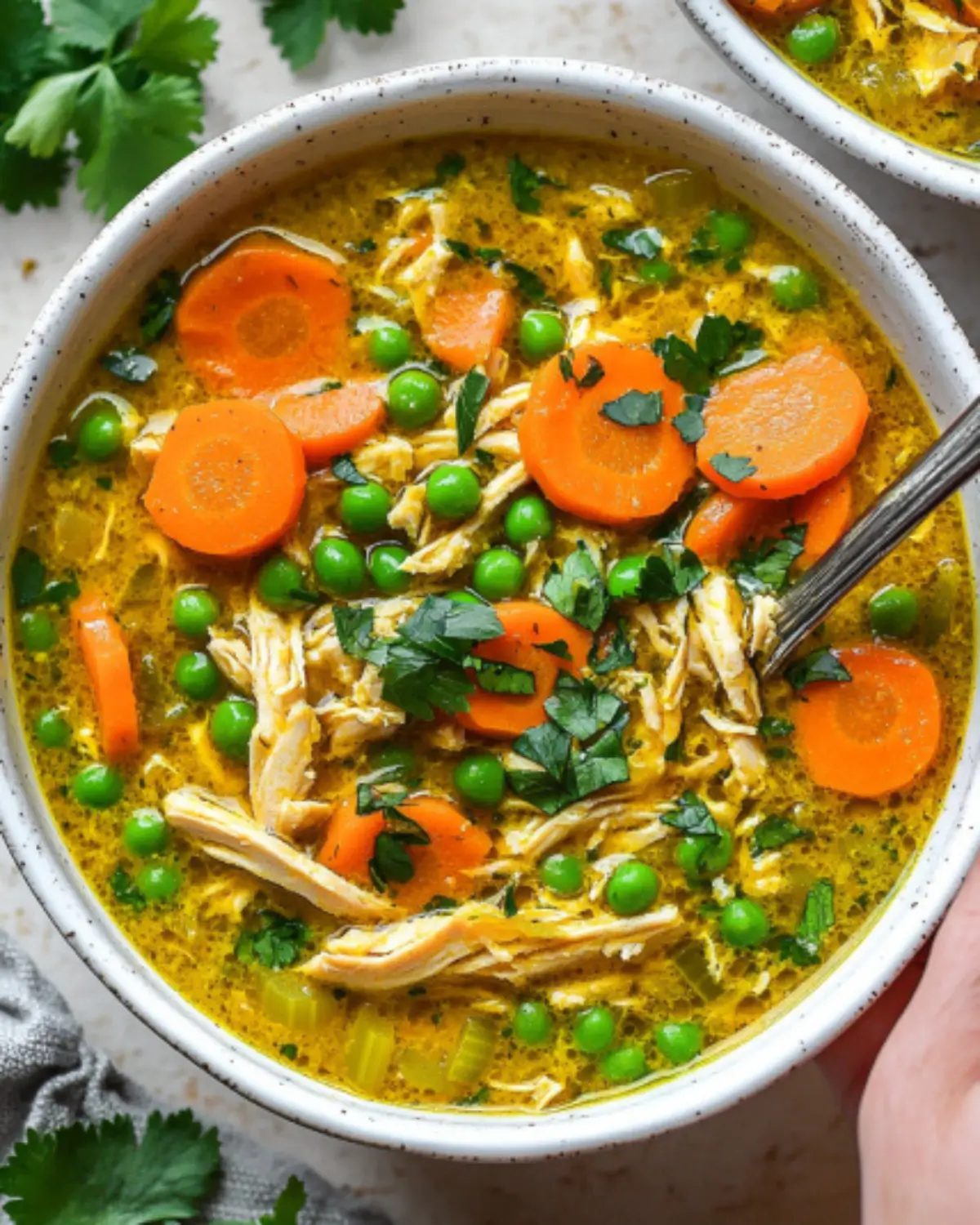 Hand holding a bowl of golden turmeric chicken soup filled with peas, shredded chicken, and carrots – a clean and healthy anti-inflammatory meal.