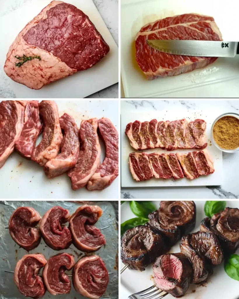 Step-by-step images showing how to prepare and grill Brazilian picanha
