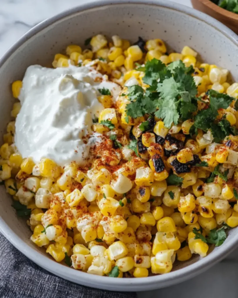 Grilled corn salad with paprika, sour cream, and cilantro in a bowl