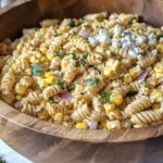 Finished Mexican street corn pasta salad topped with crumbled cotija cheese and cilantro in a wooden bowl.