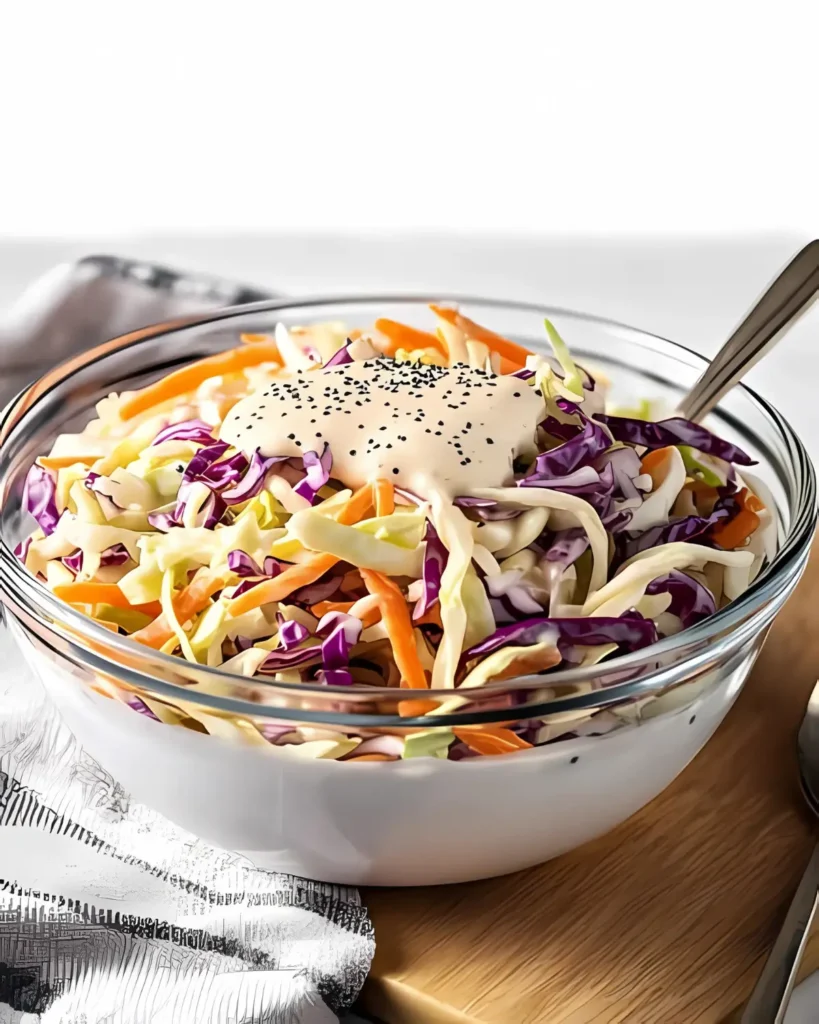 Bowl of creamy coleslaw with shredded cabbage and carrots served for Fourth of July BBQ
