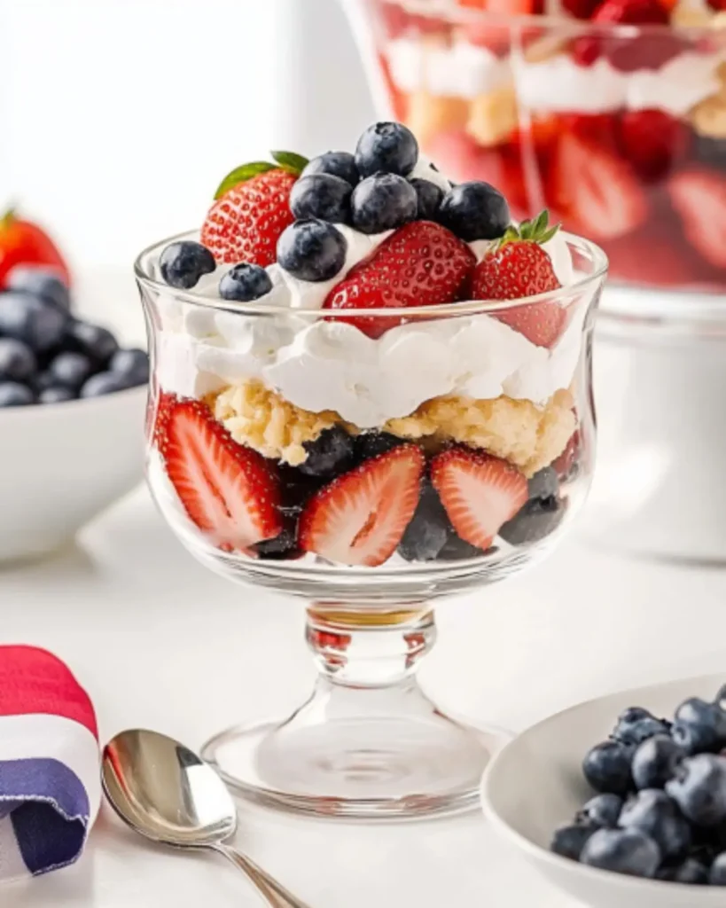 Individual serving of 4th of July trifle in a small glass dessert cup, layered with whipped topping, angel food cake cubes, strawberries, and blueberries.