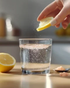 Hand squeezing fresh lemon juice into a glass of pink salt water, close-up view