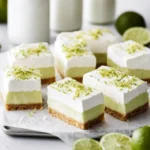 Tall shot of key lime pie bars with thick whipped cream topping and lime zest, plus site branding text.