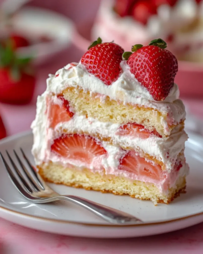 A slice of strawberry shortcake cake with whipped cream, fresh strawberries, and fluffy sponge layers on a white dessert plate.