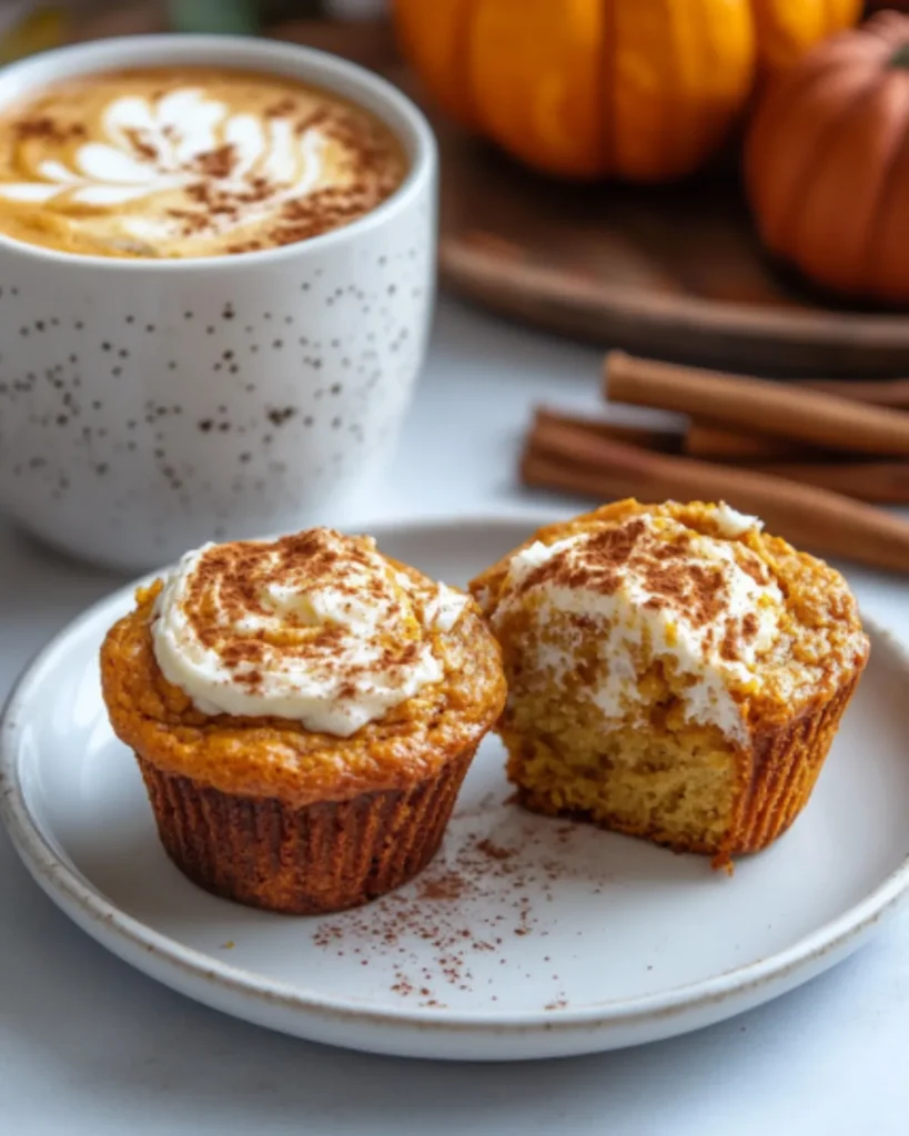 Pumpkin muffins with cream cheese frosting, served with a cinnamon latte